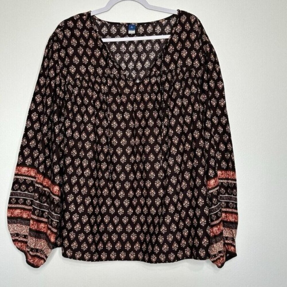 Old Navy Split Neck Blouse Floral Brown Size XL Tall Poet Peasant Boho